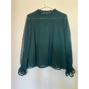 SIMU Women’s Casual Green Dot Texture Blouse, Round Neck Ruffle, Size Small